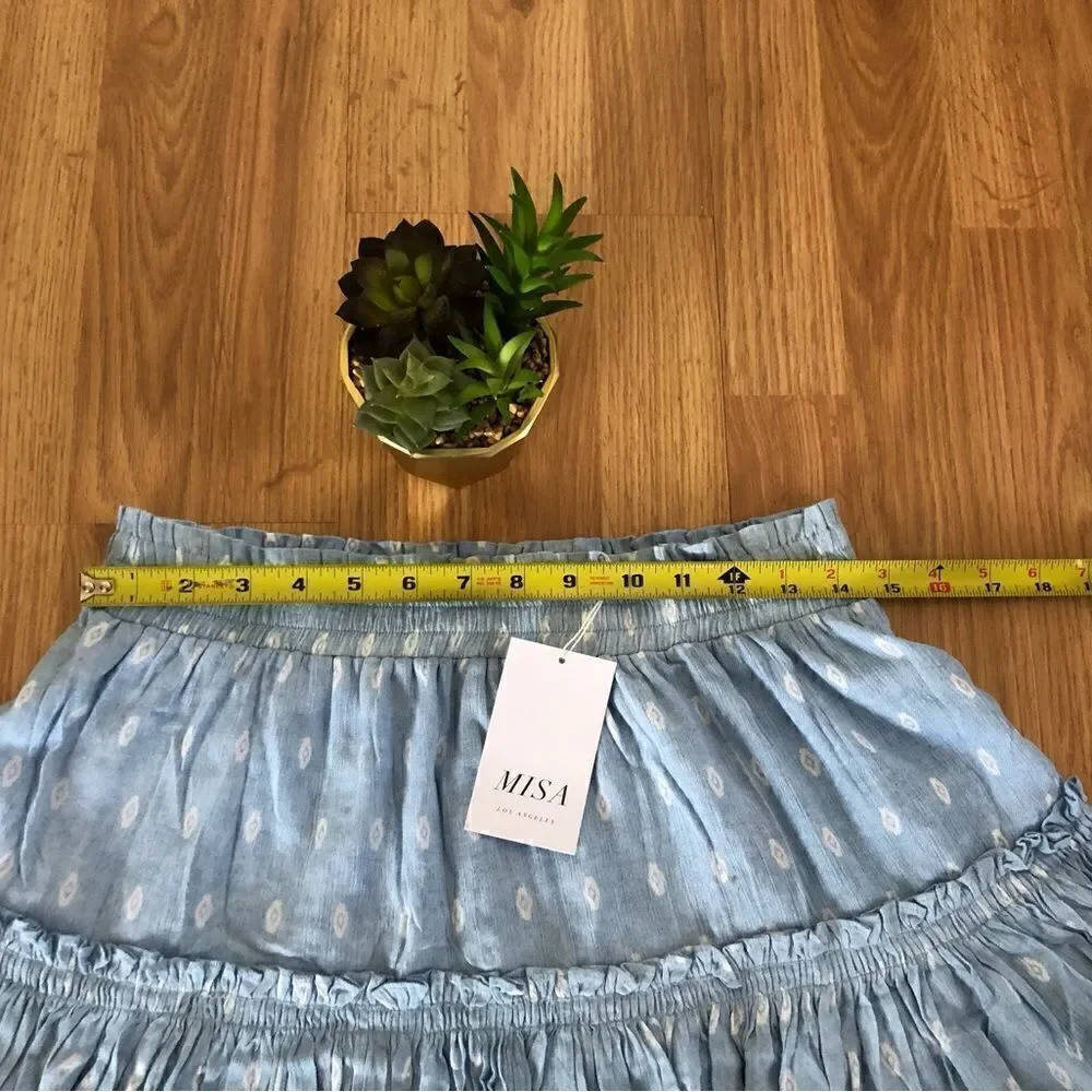 NWT MISA Los Angeles Marion Chambray Blue Tiered Ruffle Mini Skirt
